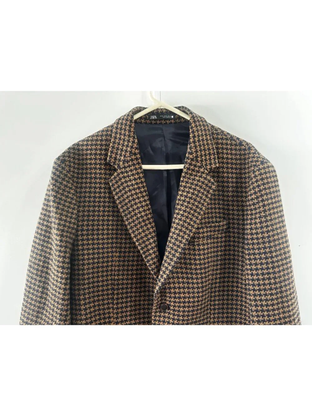 Zara Houndstooth Single Breasted Blazer Mens XL Brown Wool Blend Office Preppy
